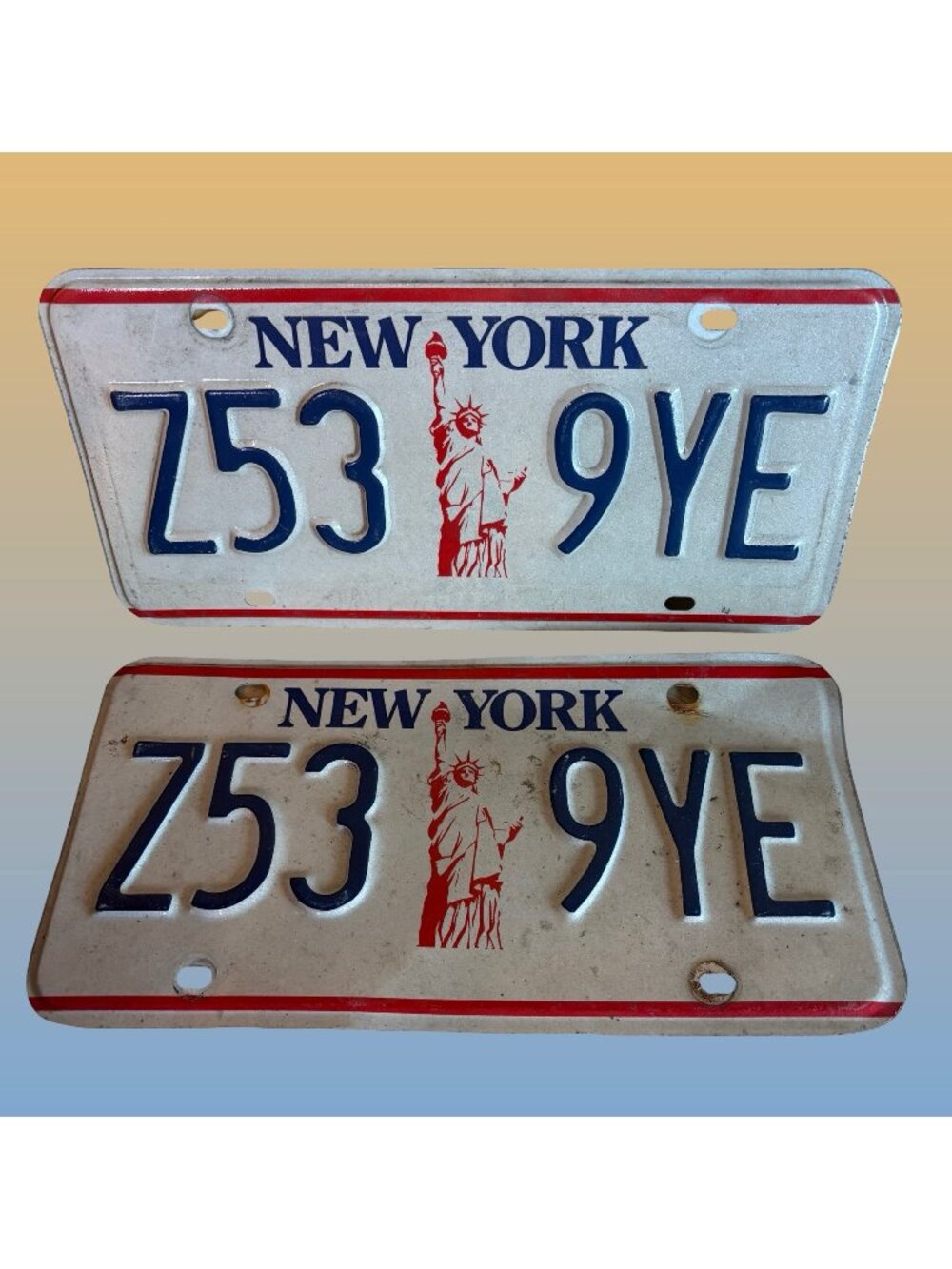 Vintage New York License Plates Pair Z53 9YE Statue Of Liberty Design 1980s Auto